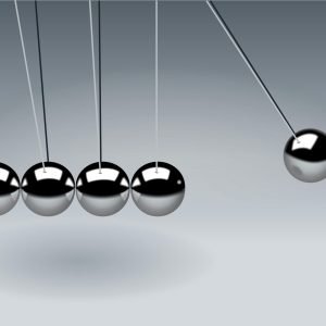 Dynamic illustration of Newton's Cradle showing motion and reflection concepts in physics.